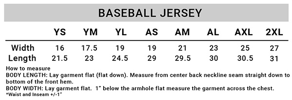 Baseball Jersey Size Chart